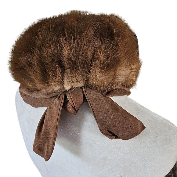 Vintage Mink Brown Pill box Fur Beret Hat with Bow O/S main image 9